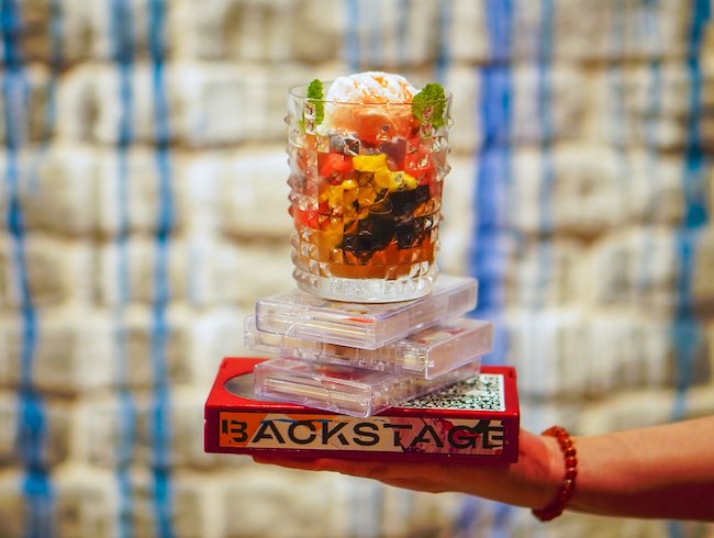 Es Campur | Indonesian assorted fruit, coconut and grass jelly with ice, rose syrup and coconut gelato